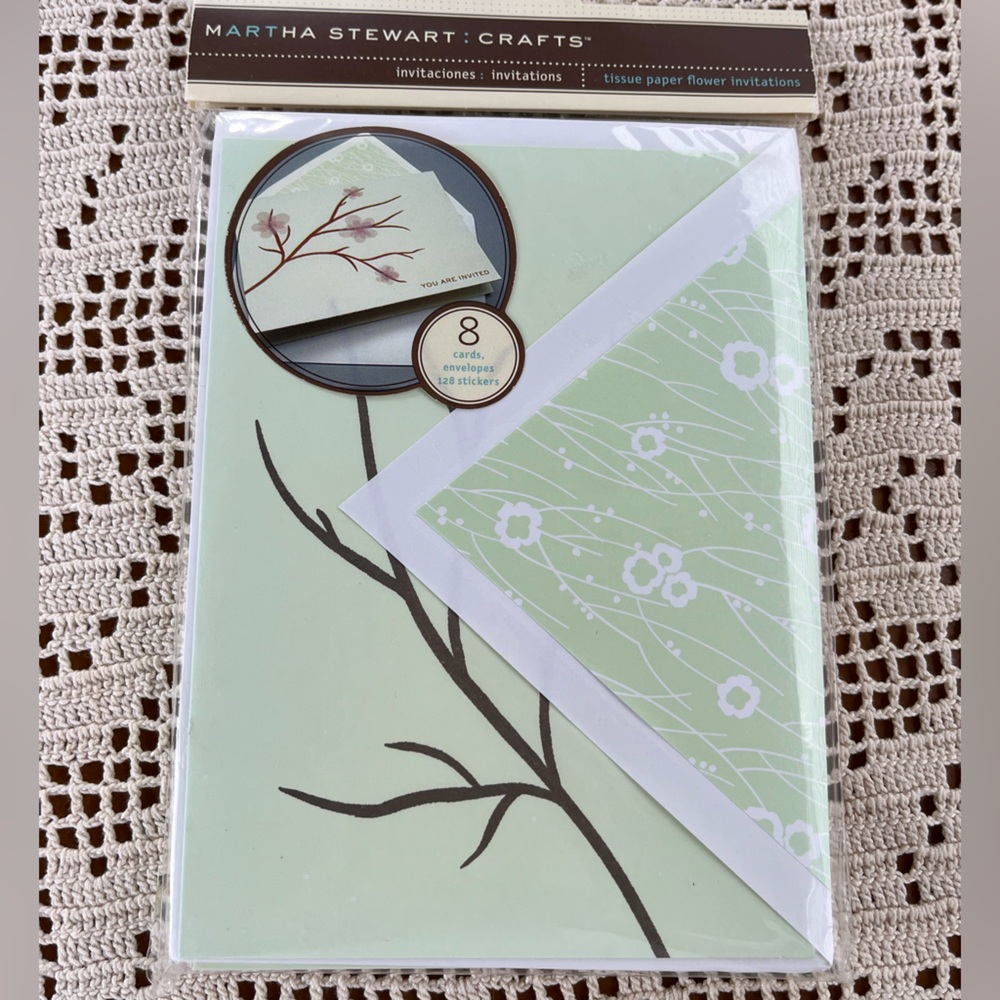 Martha Stewart light green invitations with brown branches & pink flowers. NEW